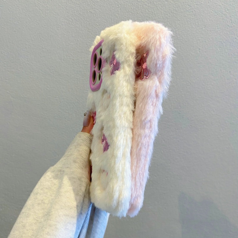 Pink Butterfly & Heart Plush iPhone Case With Stand