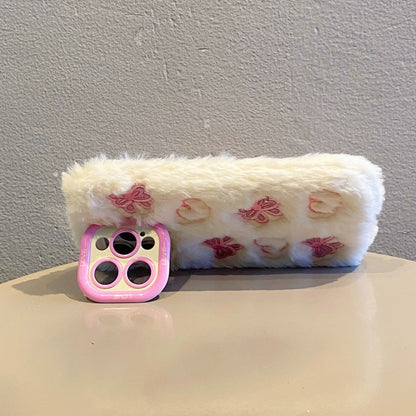 White Butterfly & Heart Plush iPhone Case With Stand