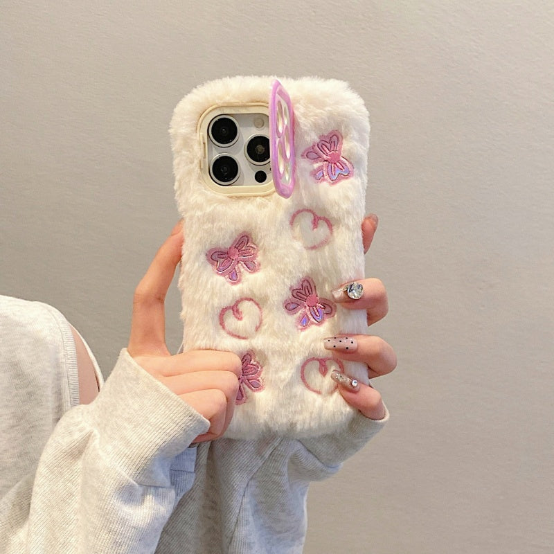 White Butterfly & Heart Plush iPhone Case With Stand