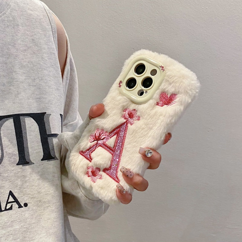 White Fuzzy Letter A with Flowers iPhone Case