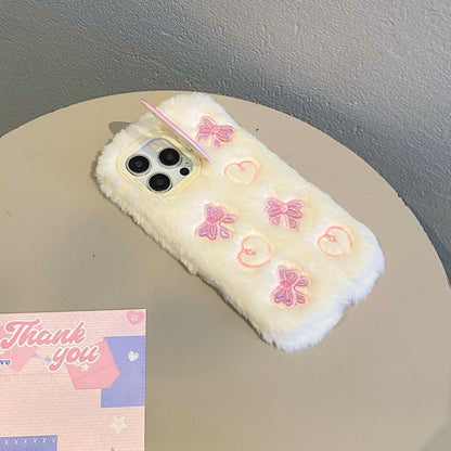 White Butterfly & Heart Plush iPhone Case With Stand