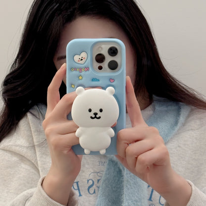 White Self-Deprecating Bear Stand + Blue iPhone Case