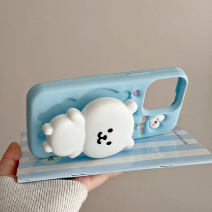 White Self-Deprecating Bear Stand + Blue iPhone Case