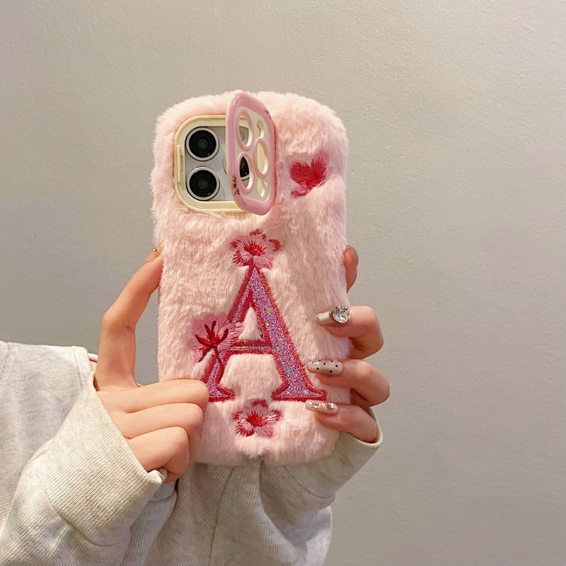 Pink Fuzzy Letter A with Flowers iPhone Case