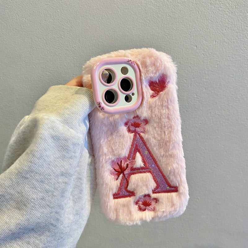 White Fuzzy Letter A with Flowers iPhone Case