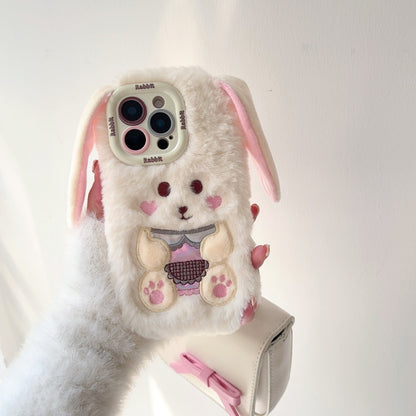 White Big-Ear Bunny Plush iPhone Case With Convertible Strap Ears