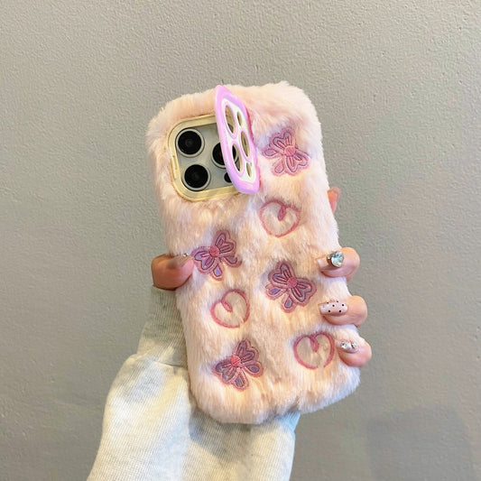 Pink Butterfly & Heart Plush iPhone Case With Stand
