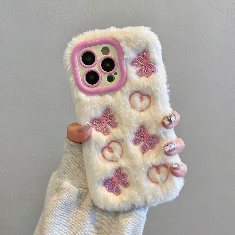 Pink Butterfly & Heart Plush iPhone Case With Stand