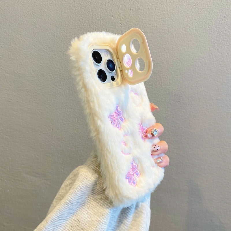 Pink Butterfly & Heart Plush iPhone Case With Stand