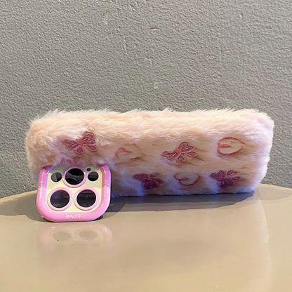 White Butterfly & Heart Plush iPhone Case With Stand