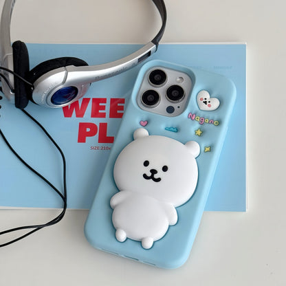White Self-Deprecating Bear Stand + Blue iPhone Case