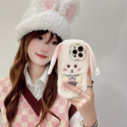 White Big-Ear Bunny Plush iPhone Case With Convertible Strap Ears
