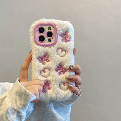 Pink Butterfly & Heart Plush iPhone Case With Stand