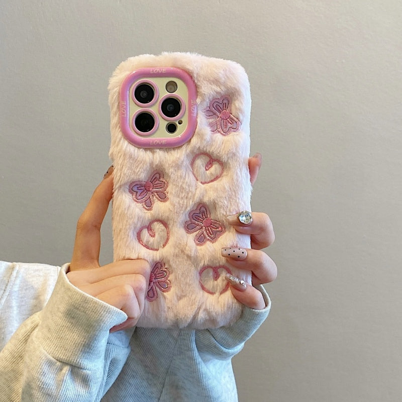 White Butterfly & Heart Plush iPhone Case With Stand