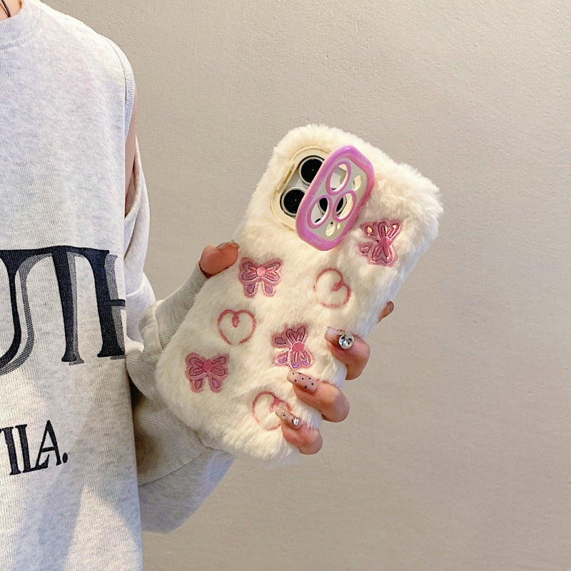 White Butterfly & Heart Plush iPhone Case With Stand