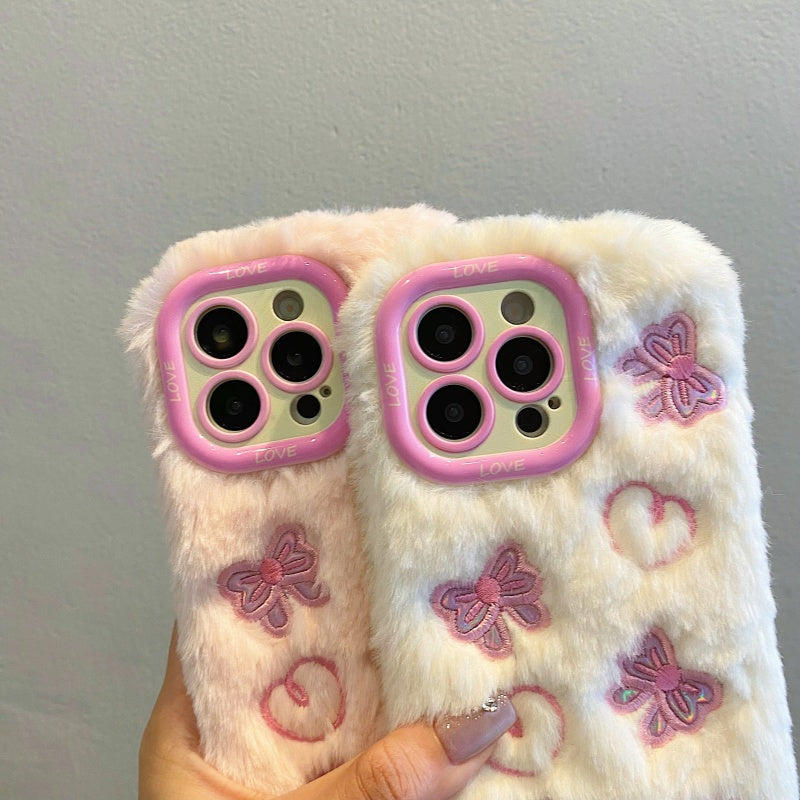 White Butterfly & Heart Plush iPhone Case With Stand