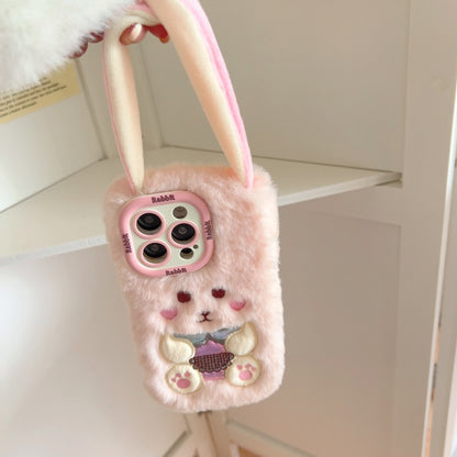 White Big-Ear Bunny Plush iPhone Case With Convertible Strap Ears