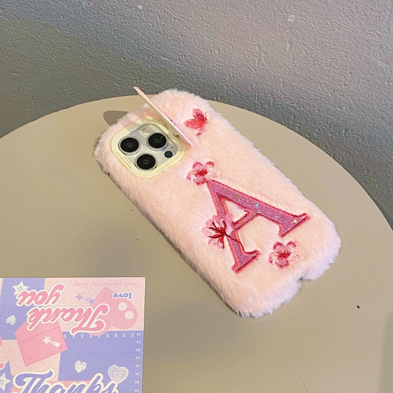 White Fuzzy Letter A with Flowers iPhone Case