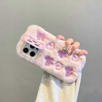 Pink Butterfly & Heart Plush iPhone Case With Stand
